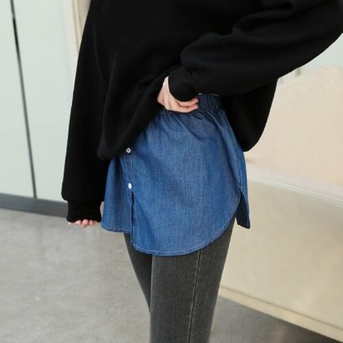 2021 Women Denim False Hem Layering Fake Top Lower Sweep Skirt Buttons Irregular A-Line Half Shirt Blouse Skirt Extenders