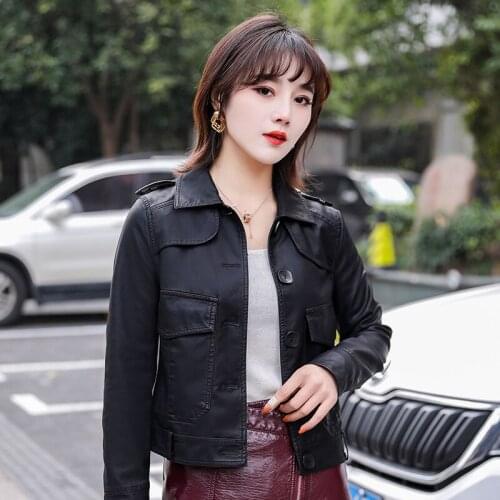 Leather Clothing Womens Coat 2020 Autumn New Listing Womens Washed Pu Leather Jacket Lapel Single-breasted Casual Leather Coat