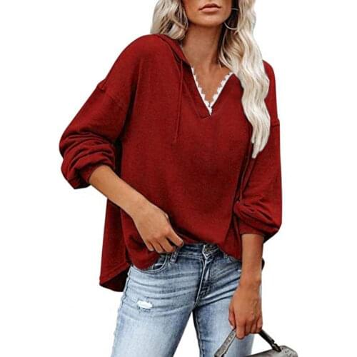 Women Loose Top Lace V Neck Hooded Drawstring Spring Autumn Solid Color Long Sleeve Ladies Hoodie Fashion Clothing