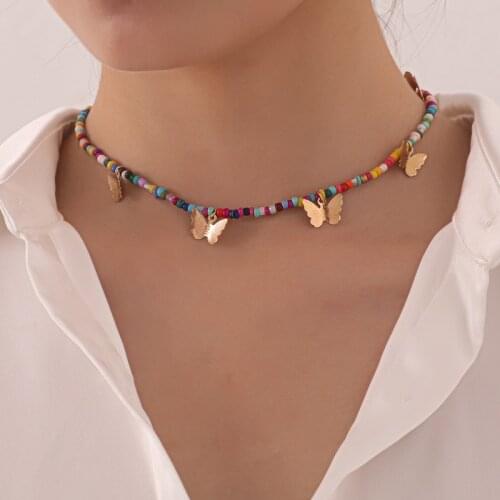 Ethnic Bohemian Colorful Beads Chain Necklace for women Butterfly Stars Pendant Choker Collar Summer Beach Neck Chains Collar