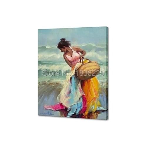100% handpainted painting modern Oil Painting seascape handmade Oil painting beautiful girl walk on beach wall art decor picture