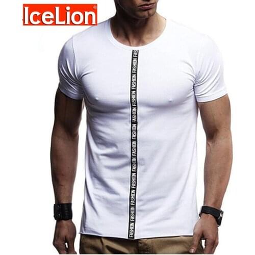IceLion 2021 Summer Fashion Printed Short Sleeve t-shirt Men Round Collar Model Spandex Fitness t shirt Side Split Tee Mens Tops