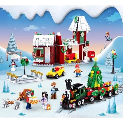 565PCS Winter Village Santa Claus Building Block Train Station Truck Carriage Car Christmas Tree Snowman Bricks Kid Toys Gifts