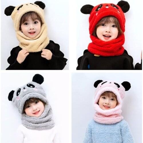 Children Winter Warm Hat Plush Fleece Thicken Scarf Cap Cartoon Panda Hat For Girls Boy Kids Caps Newborn Photography Baby Stuff