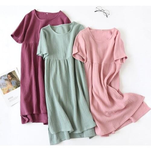 Summer Sleepshirts comfortable solid color cotton gauze long skirt home Nightgowns womens round neck nightdress thin section