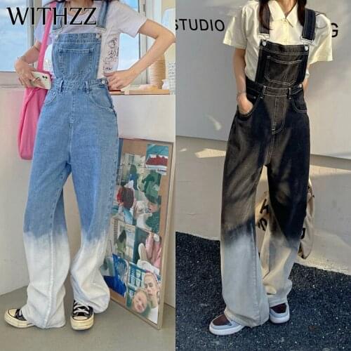 WITHZZ Summer Womans High Waist Gradient Color Straight Loose Denim Overalls Jeans