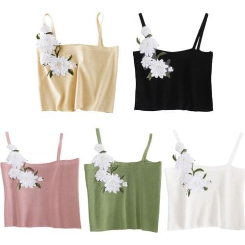 Summer Sexy Women Small Daisy Sequins Cami Halter Vest Strap Crop Top Knitted Sleeveless Blouse Casual Clubwear