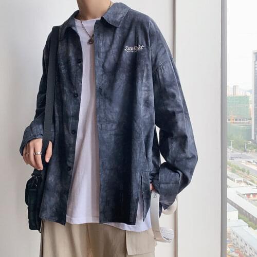 Mens Shirt Casual Tie-dye Color Oversize Loose Long-sleeved Tops Lapel Student Shirts Male Clothes Spring Autumn Cotton Coat