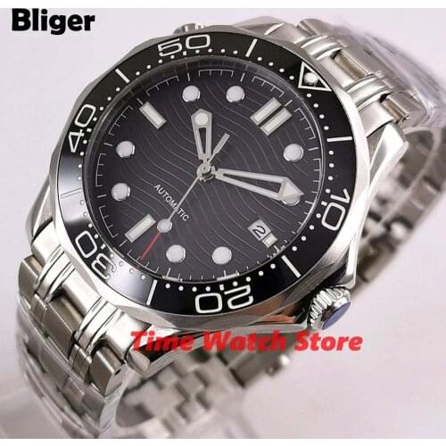 Bliger 41mm Miyota 8215 Automatic watch men Sapphire glass waterproof black dial date bright ceramic bezel SS bracelet B294