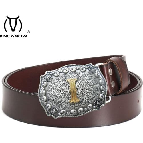 Men Top Quality Genuine Famous Brand 3.8cm Width Belt Luxury Whole Cow Leather Belts For Men Strap Male Metal I Letter Buckle