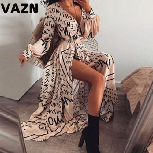 VAZN 2020 New Regular Vintage Mature Sexy Club Untidy Fashion V-Neck Full Sleeve High Waist Women Georgette Maxi Maxi Dress