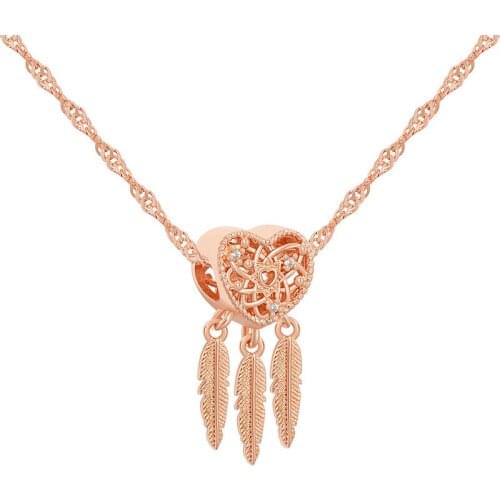 Rose Gold Plated Shiny Diamond Crystal Jewelry Necklace Exquisite Alloy Hollow Pendant Feather Necklace For Women