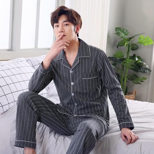 2021 Fall Winter Pajamas For Men 2 Piece Set Cotton PJs Sleepwear Fashion Plaid Home Clothes For Men Long Sleeves Loose Homewear
