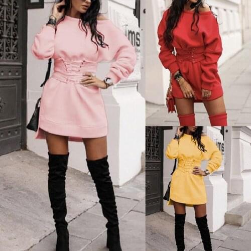 Women Fashion Autumn Long Sleeve O Neck Waist Tight Bandage Sweatshirt Dress Sexy Waist Dress Womens Wear