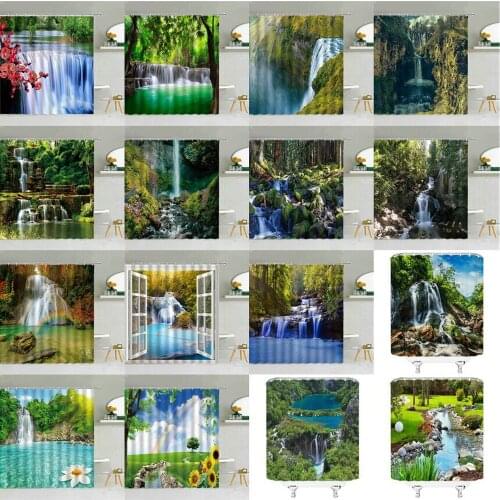 Natural Scenery Shower Curtains Waterfall Green Plant Flower Garden Park Landscape Bathroom Decor Waterproof Cloth Curtain Set
