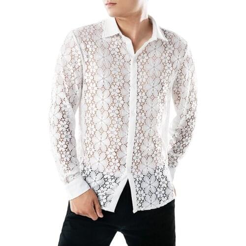 LvBa Luxury Floral Lace Shirt Men New Transparent Sexy Dress Shirts Brand Mens Nightclub Party Black/White Shirt Male 2XL