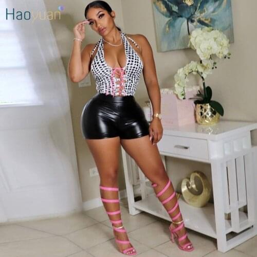 HAOYUAN Sexy Pu Leather Biker Shorts Plus Size Women Clothing Y2k Outfits High Waist Fall Streetwear Club Party Booty Shorts