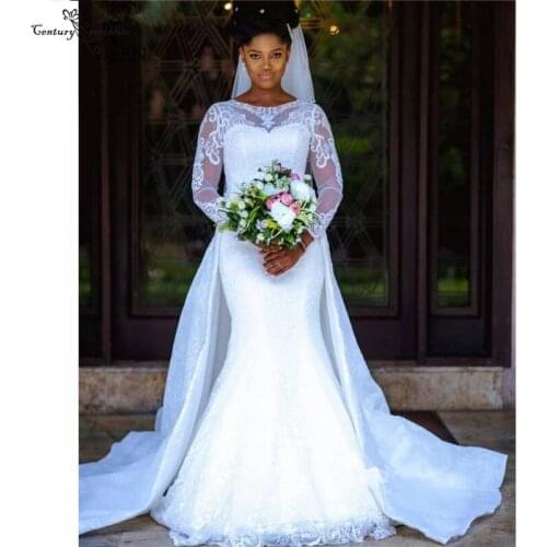 Vestido De Noiva African Wedding Dresses Mermaid Bridal Dress 2021 with Detachable Train Lace Long Sleeve Bridal Gowns