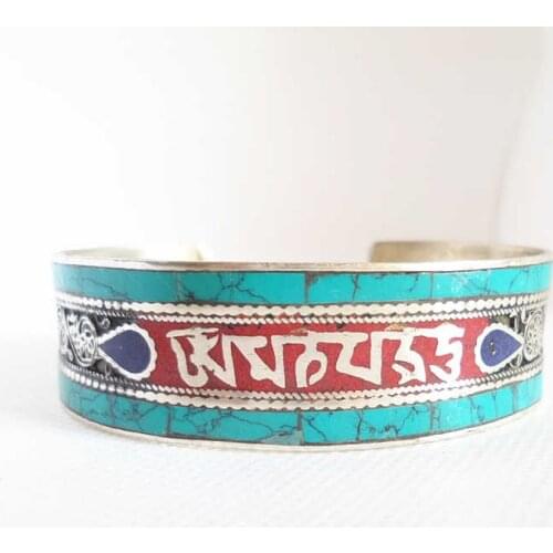 Tibetan Six Words Mantras Amulet Bangles Copper Inlay Colorful Stone Open Cuff Multi Colors BB-135