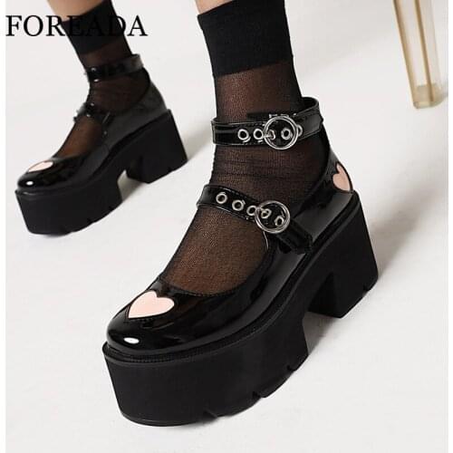 FOREADA Ankle Strap Lolita Shoes Patent Leather Block High Heels Platform Shoes Heart Print Buckle Footwear Female Purple 35-43
