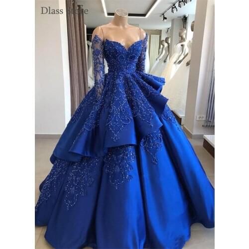 Royal Blue Evening Dresses Sweetheart Neck Off Shoulder Full Sleeves Layers Beading Crystals Luxury Quinceanera Dress ערב שמלות