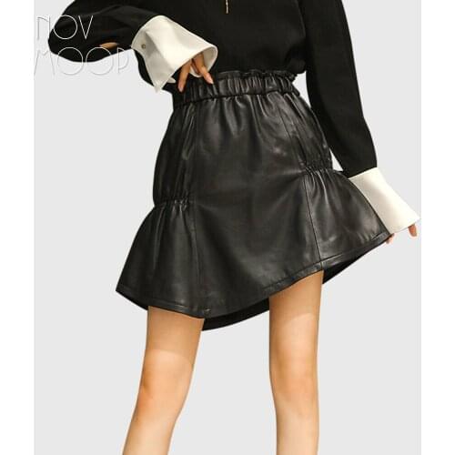 Novmoop A shape sheepskin genuine leather women skirt with elastic waistband and wrinkled design uneven hem LT3304