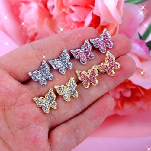 New Trendy Metal Crystal Butterfly Stud Earrings For Women Korean Full Rhinestone Paved Animal Earrings Female Jewelry In Stud