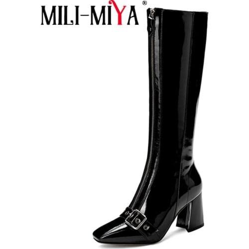MILI-MIYA Women Boots Knee-High Patent Leather Motorcycle Short Plush Zipper Square Toe Square Heels Spring/Autumn/Winter