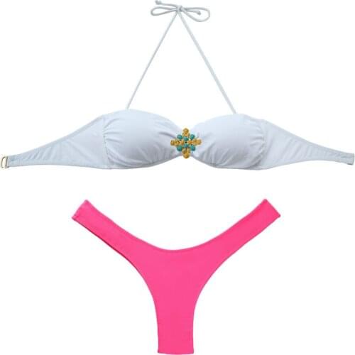 Women Thong Bottom Bikini White Diamond Pink Swimsuits Brazilian Biquini Swimwear Saida De Praia Sexy Girl Maillot De Bain