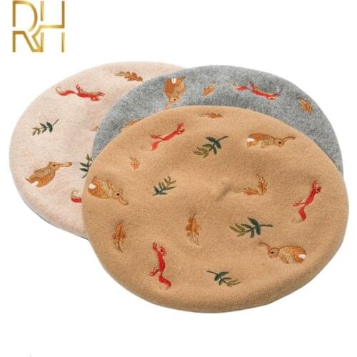Handmade Autumn Winter Baret Cap Embroidered Rabbit Squirrel 100% Wool Beret Womens Hats Painter Cap Lady Hat Female Design RH