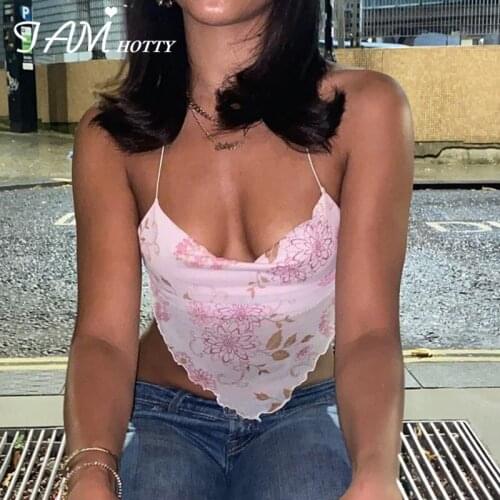 Y2K Pink Floral Printed Mesh Halter Crop Top Women Sexy Deep V Neck Club Party Beach Summer Cami Outfits Ladies Vest Iamhotty