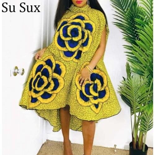 Big Flower Print African Dresses For Women Robe Africa Clothing Stand Collar A Line Dress Vestidos Female Partyclub 2021 Spring
