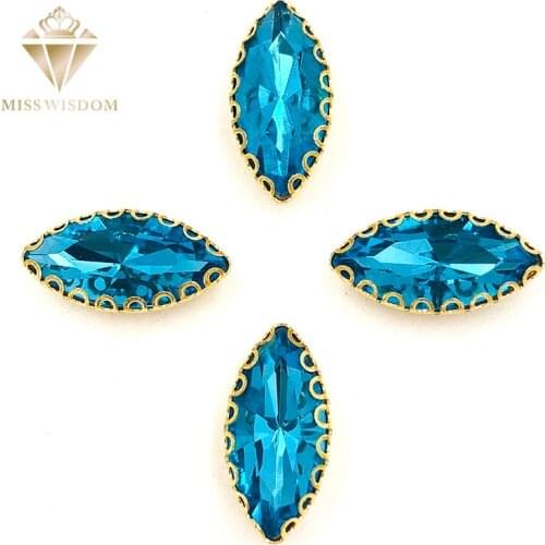 7X15mm Lake blue Horse eye sew on rhinestones gold base with hole lacy claws glass crystal rhinestones Diy garment accessories