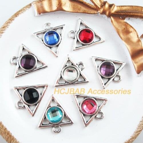 8Pcs Tibetan Silver Tone Retro Triangle Mixed Crystal Charms Pendants 19x21mm