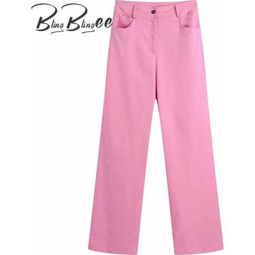 BlingBlingee Summer Autumn Zipper Closed High Waist Women Casual Straight Long Pants Tall Female Pink Career Pants Female 2021