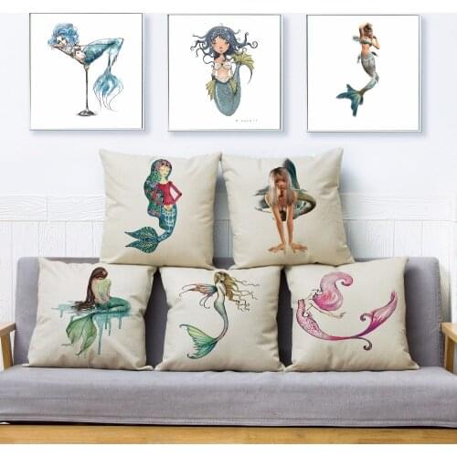 Cartoon Ocean Mermaid Print Throw Pillow Cover 45*45cm Square Cushion Covers Linen Pillow Case Car Sofa Home Decor Pillows Cases