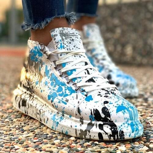 Chekich Unisex White Sport Boots Blue & Black Splash Pattern Non Leather Sneakers Lace Up 36-45 Sizes Print Casual Flexible Shoes for Men and Women 2021 Fashion Office Orthopedic Light Breathable Multicolor CH265 V2