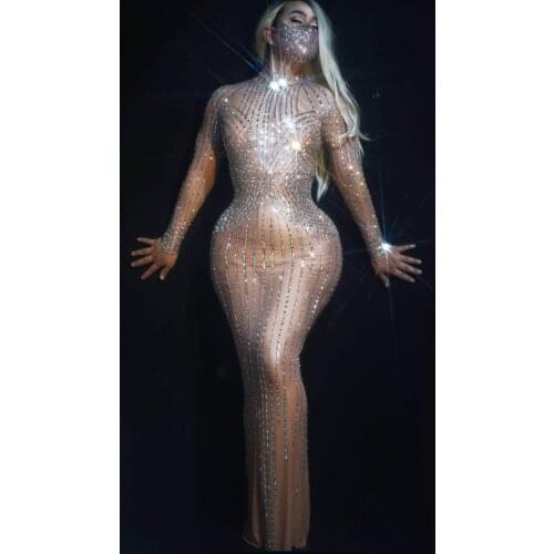 Sparkly Prom Birthday Celebrate Party Rhinestones Long Dress Sexy Transparent Mesh Bodycon Dresses Singer Performance Stage Wear