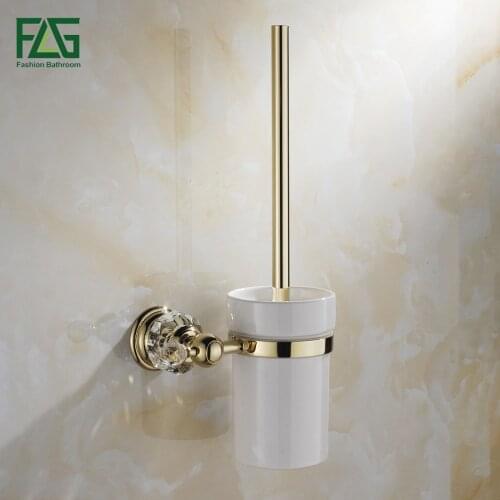 FLG Crystal Golden Brass Bathroom Accessories Toilet Brush Holders With Cup Set Wall Mounted Sanitary Wares G154-09G