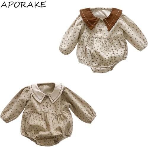 2021 0-24M Japanese Style Baby Girl Romper Long Sleeve Corduroy Floral Print Button Lapel Triangle Jumpsuits Fall Playsuit