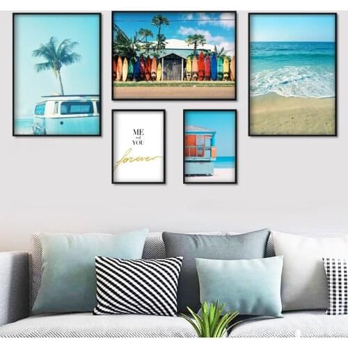 Sea Beach Surf Car Coconut Tree Quotes Wall Art Canvas Painting Nordic Posters And Prints Wall Pictures For Living Room Decor
