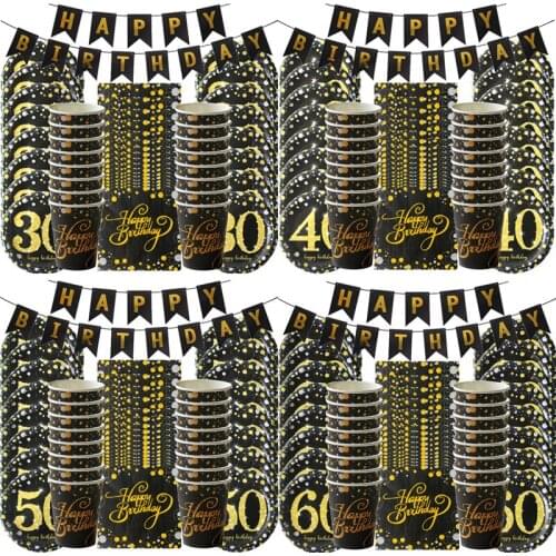 30 40 50 years anniversary disposable tableware set Black Gold Birthday Party Decorations Adult Anniversary Decorations Supplies