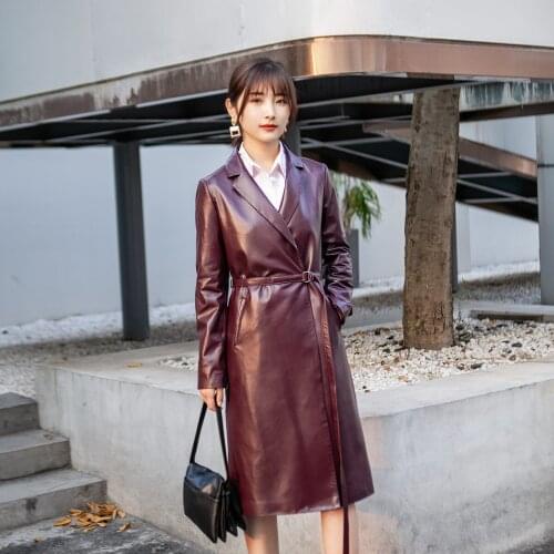 2021 Autumn and Winter New Haining Leather Womens Sheepskin Windbreaker Mid Length Lace Up Jacket