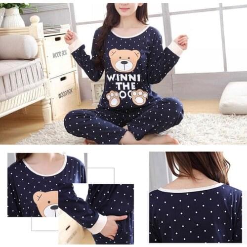 Women Long Sleeve Bear Print Tops And Pants Wave Point Pajamas Set Sleepwear Drop Ship