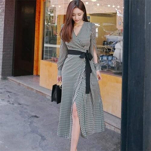 Spring summer Plaid Dress With Belt Women Autumn Long Sleeve Casual V-Neck Dress Female Clothes Bandage Bodycon Print Robe