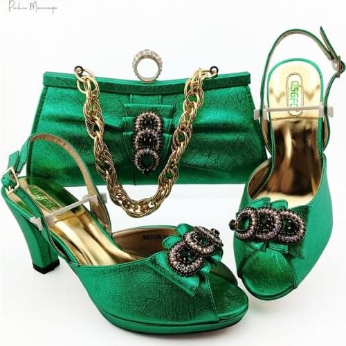 Latest Italian Design African Shoes and Bag Set Pointed Toe Nigerian Royal Party Matching Shoes and Bag in Green