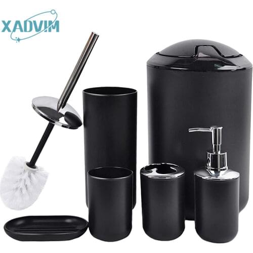 6Pcs/Set Luxury Bathroom Accessories Plastic Toothbrush Holder Cup Soap Dispenser Dish Toilet Brush Holder Trash Can Set