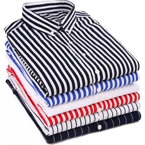 Long sleeve Stripe Button Down Shirt Men Small Stand collar Handsome Spring Summer Tops Cotton Casual Plus size Clothes
