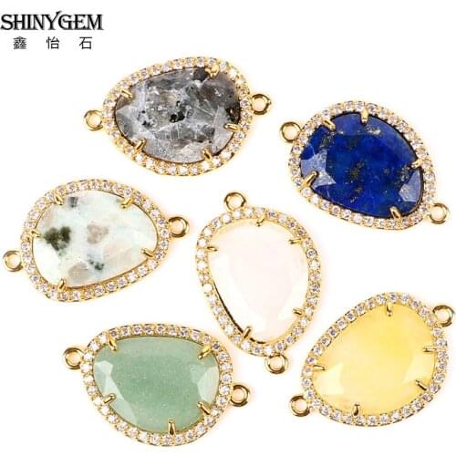 ShinyGem 15*24mm Charms Faceted Labradorite Connectors Inlay Zircon Gold Plated Semi-Precious Connectors For DIY Jewelry Making