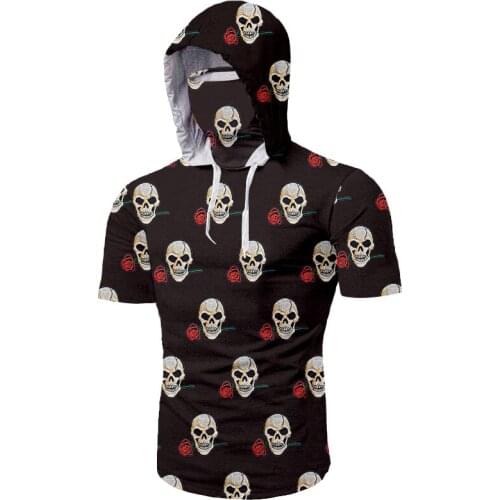 UJWI Mens Hawaiian Shirt Fashion Casual Skull Funny Beach Hooded T Shirt Beach Short Sleeve Tee Blouse Ninja Oversized Clother